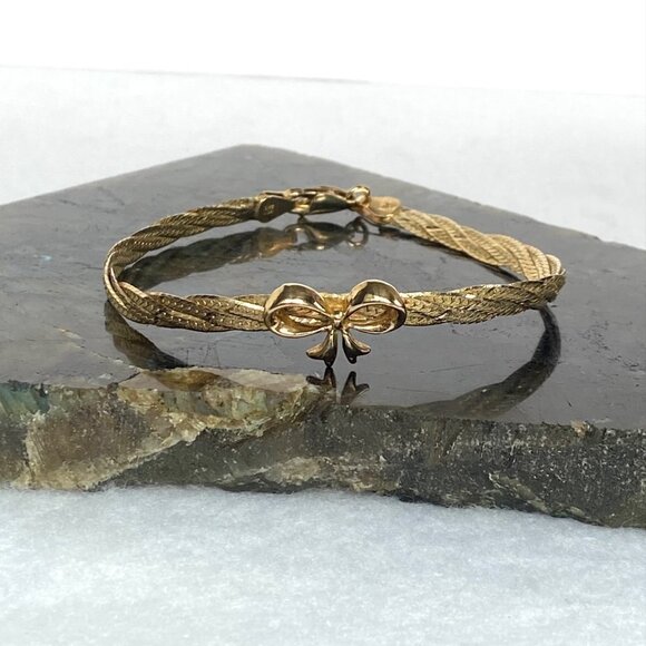 Gold Vermeil Sterling Silver 925 Italy Bow Herringbone Necklace & Bracelet Set - Picture 4 of 16